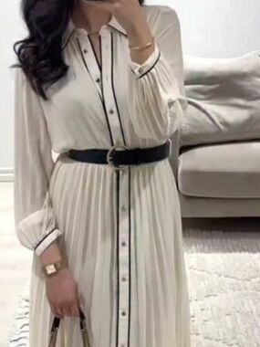 Zara Cream Pleated Long-Sleeve Shirt Dress with Black Trim